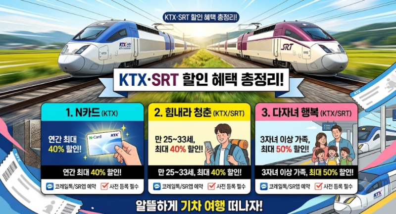 [2026] KTX·SRT 기차표 할인받는 법 총정리 (N카드·힘내라청춘·다자녀 할인 꿀팁)