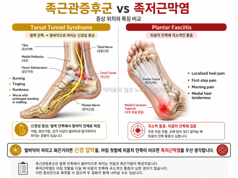 하지 통증 | 발뒤꿈치 통증과 저림, 족저근막염이 아닌 족근관증후군 혹은 발목터널증후군