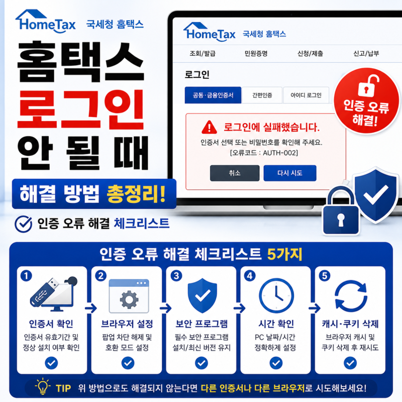 홈택스 로그인 안 될 때 해결 방법 | 인증 오류 해결 체크리스트