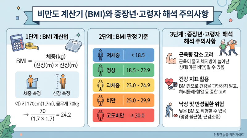 비만도계산기 BMI 계산법, 중장년·고령자 해석 주의사항