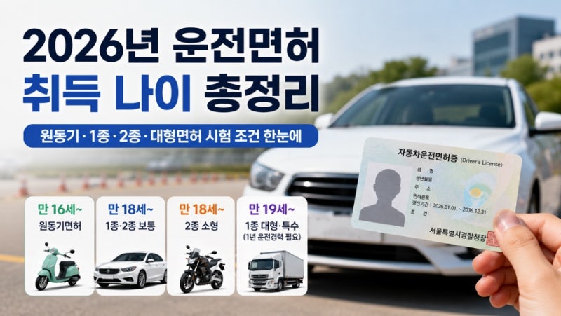 2026년 운전면허 취득 나이 만 16세 18세 19세 1종 2종 원동기 대형면허 시험 조건 총정리