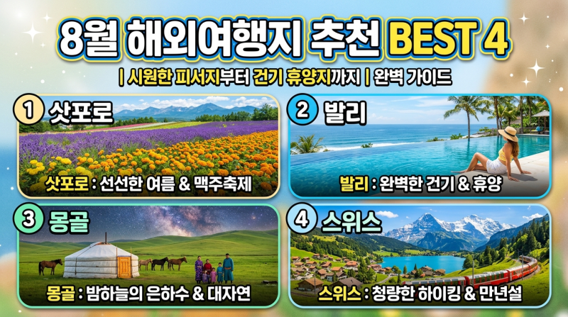 8월 해외여행지 추천 BEST 4 | 시원한 휴양지부터 단거리 여행지까지 완벽 정리