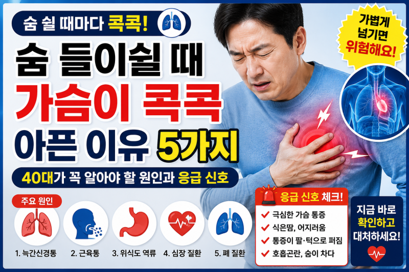 숨 들이쉴 때 가슴이 콕콕 아픈 이유 5가지 (특히 40대가 꼭 알아야 할 원인과 응급 신호)
