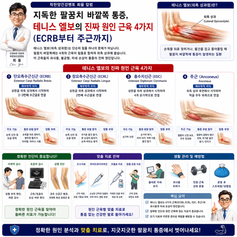 지독한 팔꿈치 바깥쪽 통증, 테니스 엘보의 진짜 원인 근육 4가지 (ECRB부터 주근까지) 착한양....