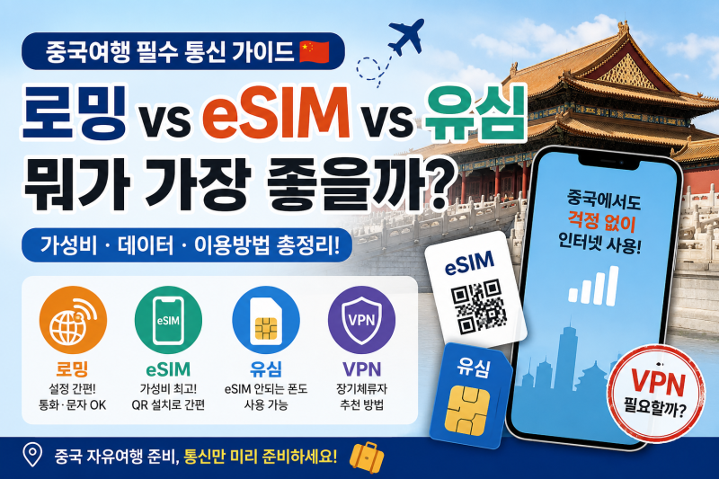중국여행 로밍 vs eSIM vs 유심 비교｜가성비 데이터 이용방법 총정리 (2026) 광고X