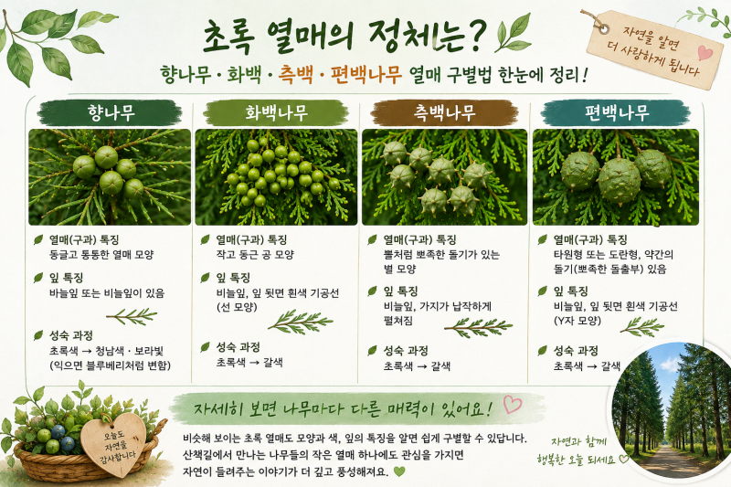 초록열매의 정체는 ? 헷갈리는 침엽수 향나무, 화백나무, 측백나무, 편백나무 열매 구별법