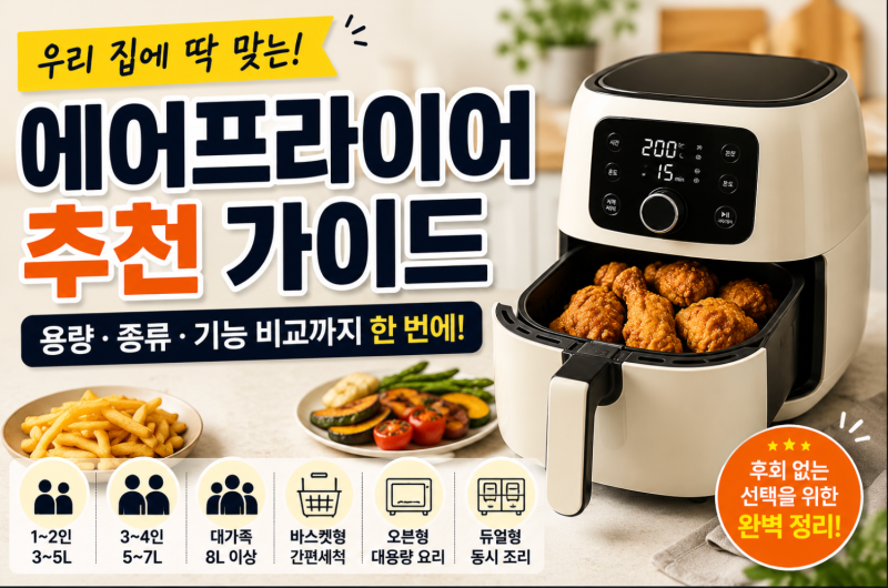 에어프라이어 추천! 우리 집에 맞는 용량과 종류 고르는 방법 (2026 최신 가이드)