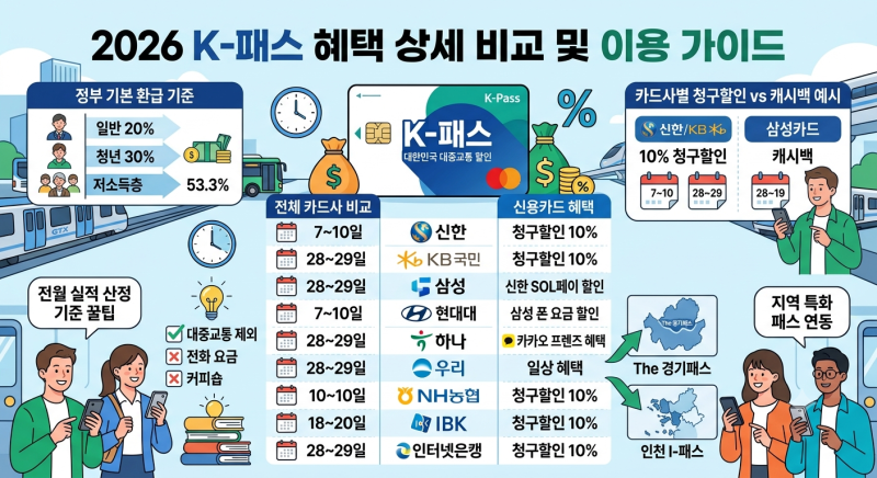 2026 K-패스 카드사별 환급일 총정리 & 추가 할인 혜택 완벽 비교 (신용 vs 체크)