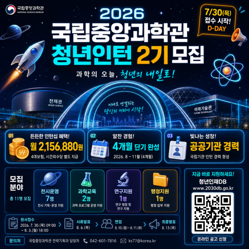 2026 국립중앙과학관 제2기 청년인턴 모집 총정리! (스펙+월215만원+주5일, 서둘러 혜택 챙기자 ....