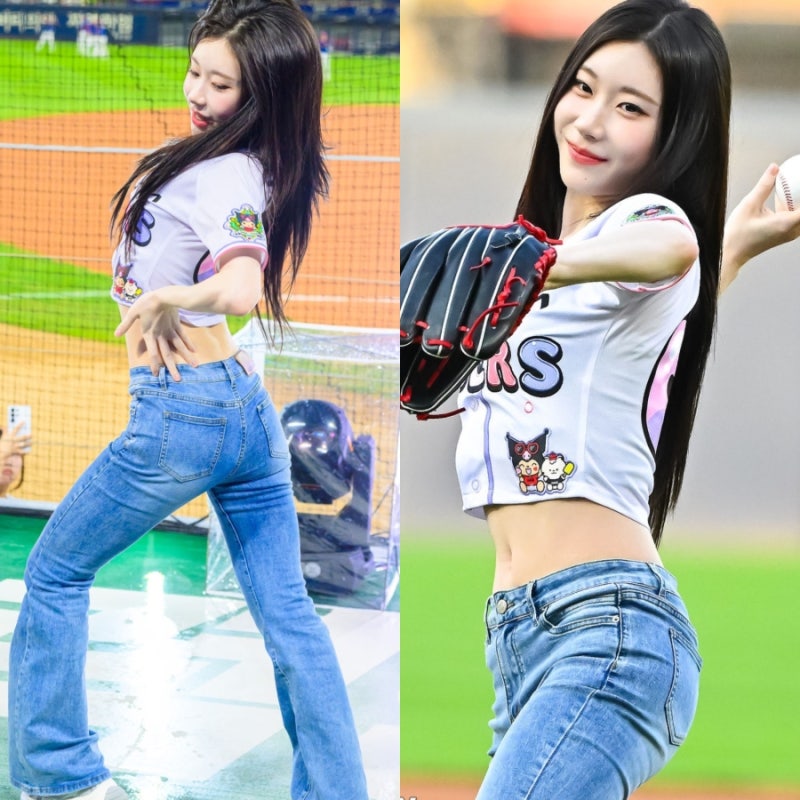 “시구하러 왔는데 화보 찍었네” 있지 채령, 크롭 유니폼에 부츠컷 청바지
