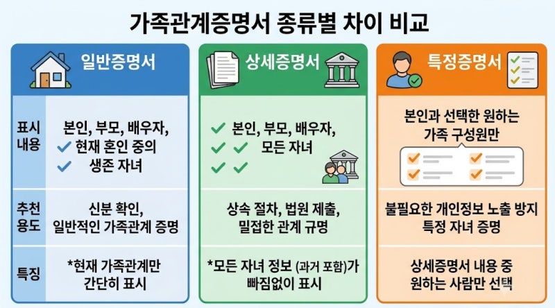 가족관계증명서 온라인 발급 방법 및 일반 상세 특정 차이 정리