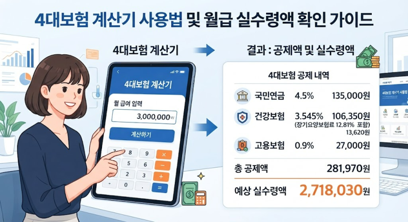4대보험계산기 사용법, 월급별 공제액과 실수령액 확인하기