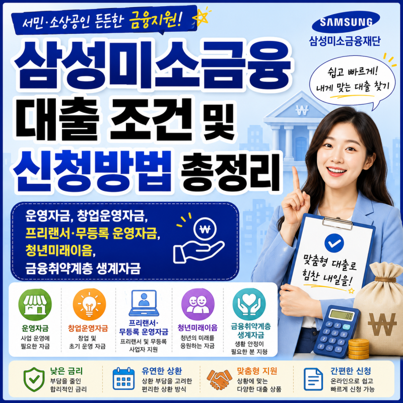 삼성미소금융 대출 조건 및 신청방법 총정리! (2026년 최신 창업·운영·청년미래이음, 금융취....