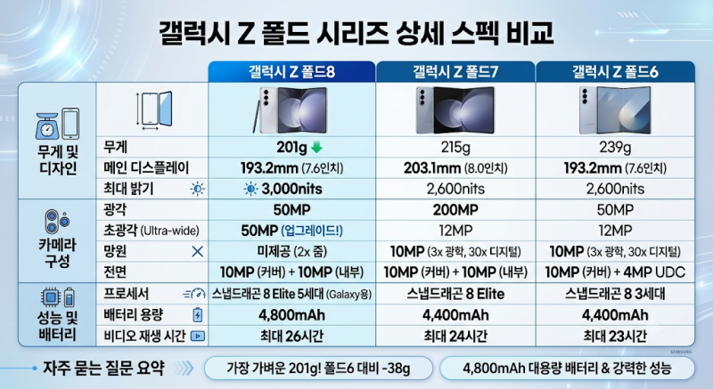 갤럭시 Z 폴드8 vs 폴드7 vs 폴드6 스펙 비교: 무게, 화면, 카메라 총정리