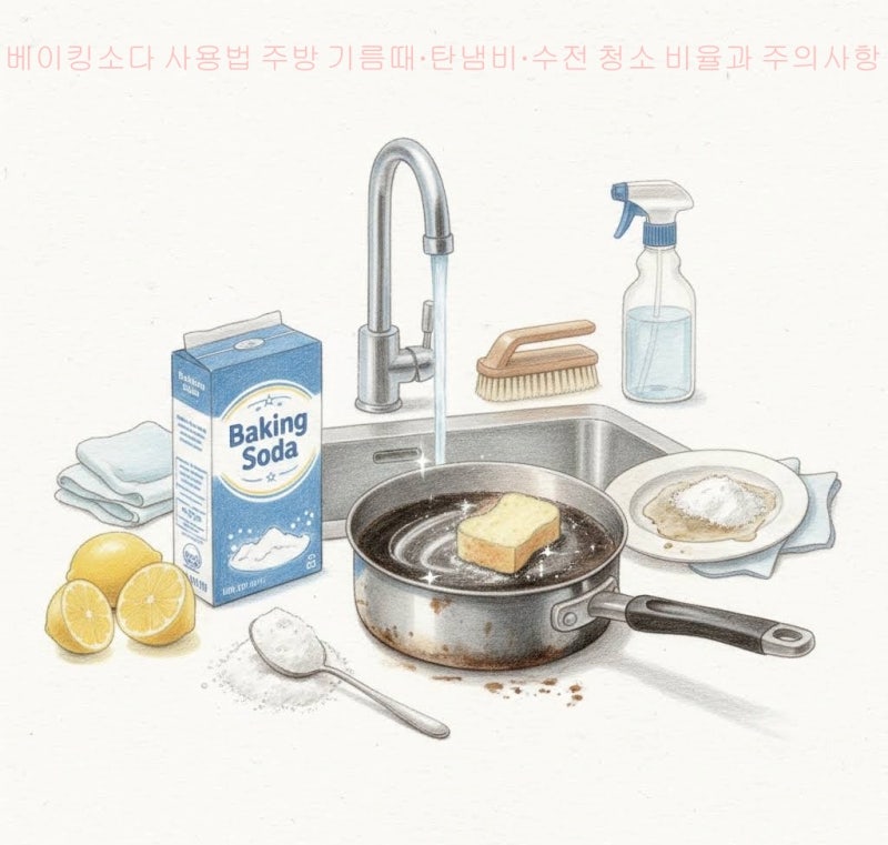 베이킹소다 사용법 주방 기름때·탄냄비·수전 청소 비율과 주의사항