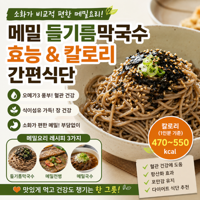 소화가 비교적 편한 메밀요리 레시피3가지, 들기름막국수칼로리, 간편식단, 메밀들기름막....