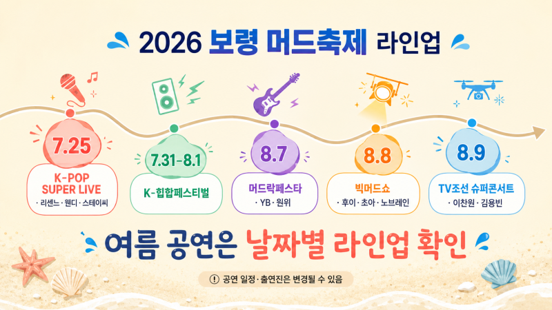 2026 보령 머드축제 일정·라인업·예매 총정리, 리센느 공연은 7월 25일