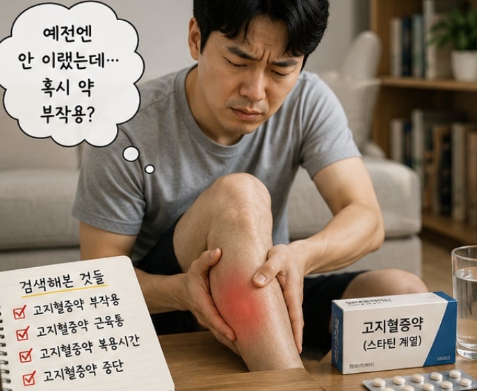 고지혈증약 부작용 걱정됐습니다, 근육통 생겨 복용시간 다시 확인했습니다