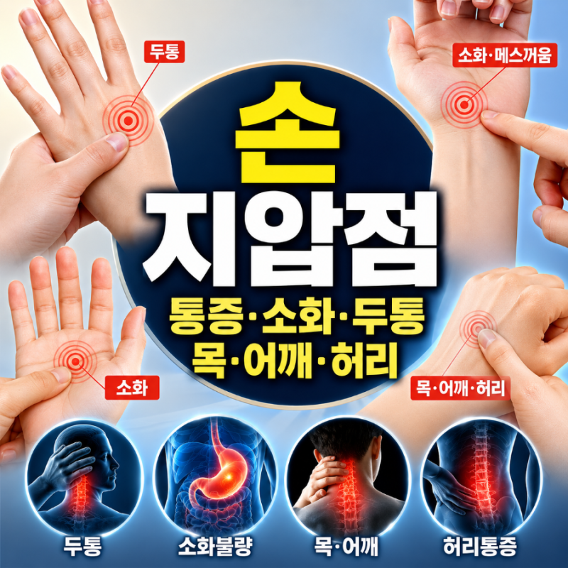 손 지압점 위치, 두통·소화·목·어깨 불편할 때 누르는 부위