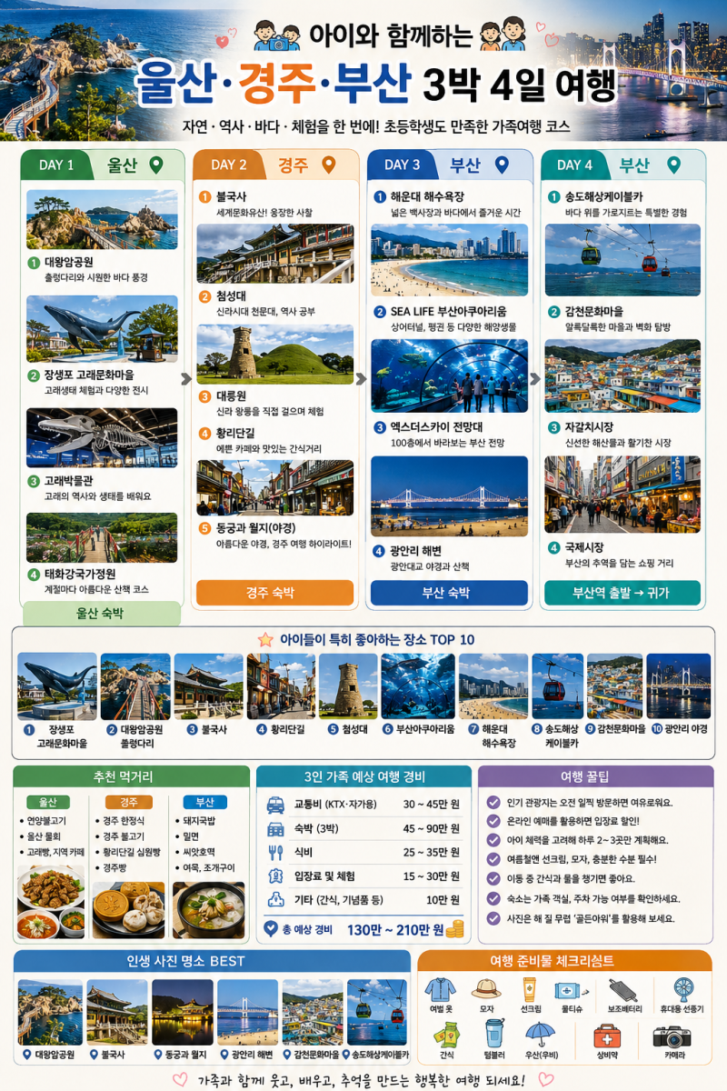 아이와 함께하는 울산·경주·부산 3박 4일 여행 코스 총정리! 초등학생 가족여행 추천