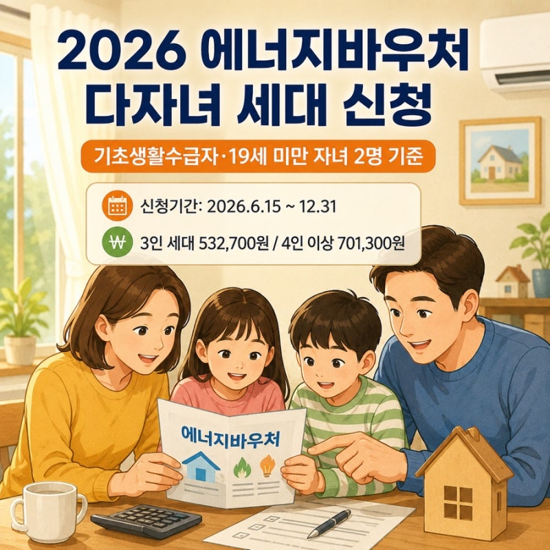 2026 에너지바우처 다자녀 세대 신청 조건｜기초생활수급자·19세 미만 자녀 2명 기준