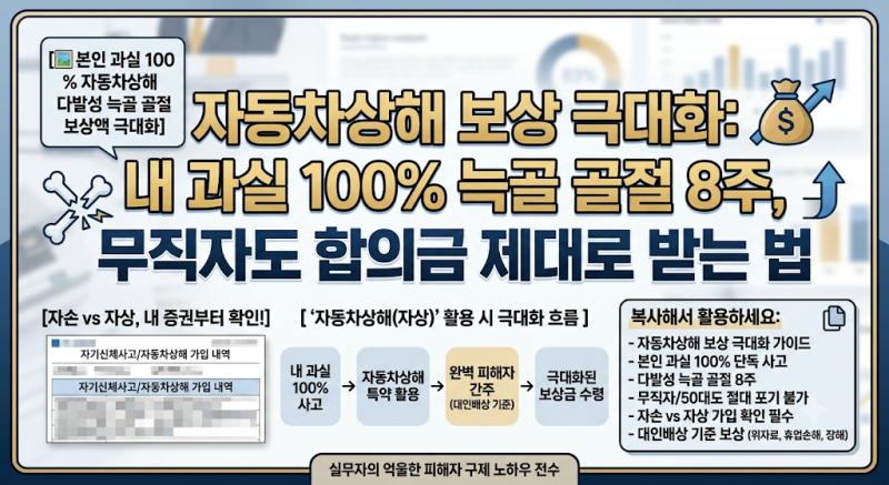 자동차상해 보상, 본인 과실 100% 늑골 골절 8주 무직자도 합의금 제대로 받는 법