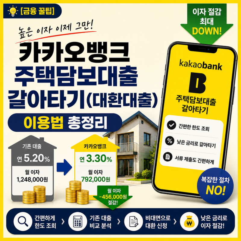 [금융 꿀팁] 높은 이자 이제 그만! 카카오뱅크 주택담보대출 갈아타기(대환대출) 이용법 총정....