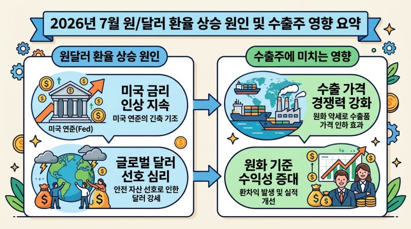 2026년 7월 원달러 환율 상승 원인 및 수출주 영향 정리