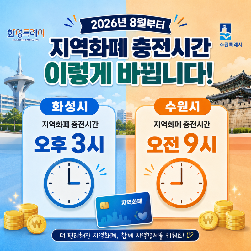 26년 8월 화성, 수원시 경기지역화폐 충전 시간 및 한도