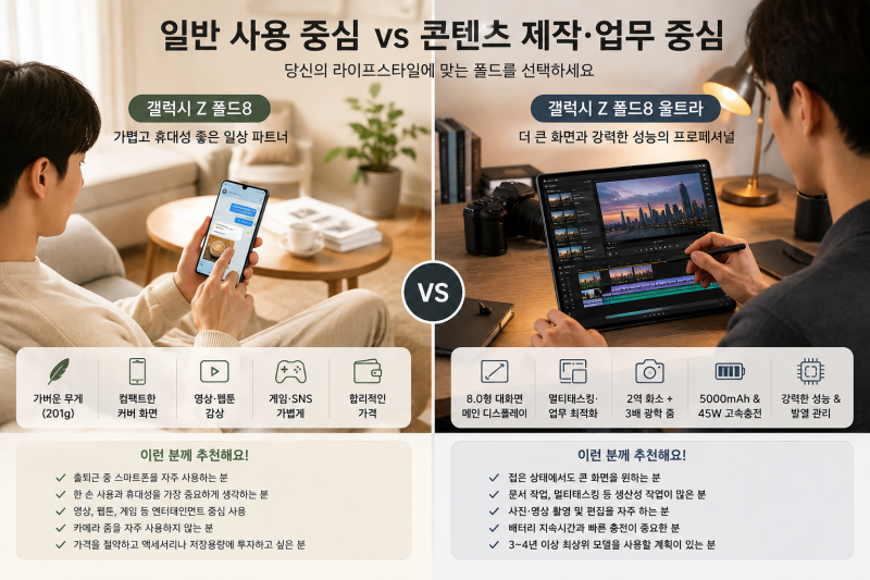 갤럭시 폴드8 와이드 vs 폴드8 울트라 비교, 30만원 더 주고 울트라 살 필요 있을까