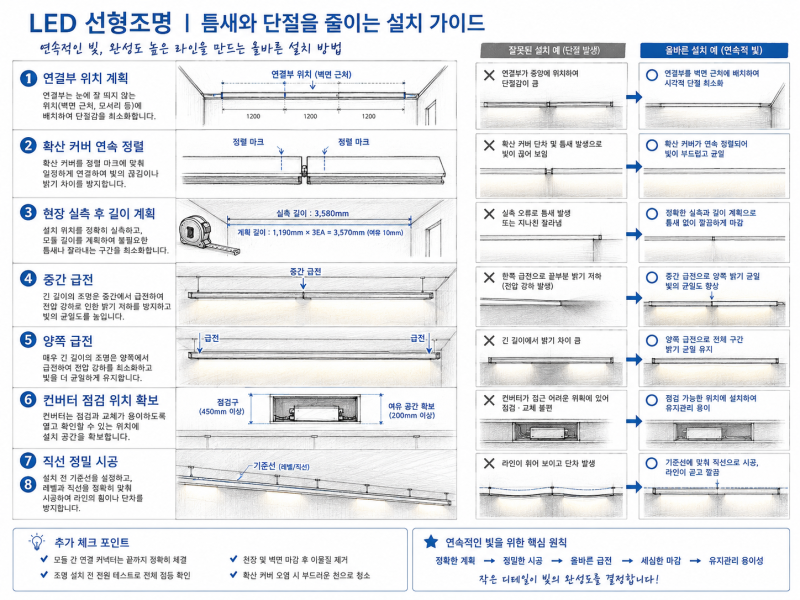 LED 라인조명이 끊겨 보이는 이유, 제품보다 연결부와 전원 설계가 문제일 수 있습니다.
