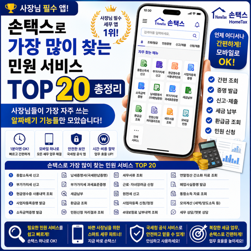 [세무 행정 백서] 손택스로 가장 많이 찾는 민원 서비스 TOP 20 총정리: 사장님들이 가장 자주 ....