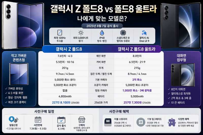 갤럭시 Z 폴드8 총정리｜울트라 차이·가격·스펙, 어떤 모델 살까