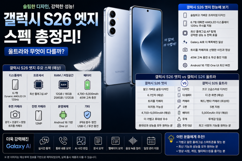 갤럭시 S26 엣지 스펙 총정리! 울트라와 무엇이 다를까?