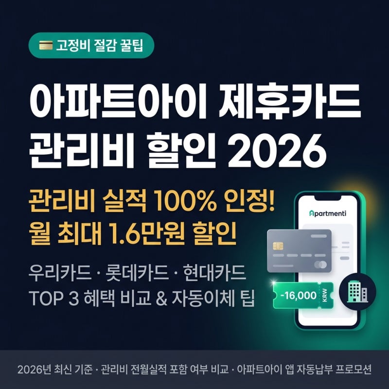 아파트아이 제휴카드 관리비 할인 추천 2026 — 관리비 전월실적 100% 인정! 인기 카드 TOP 3 혜....