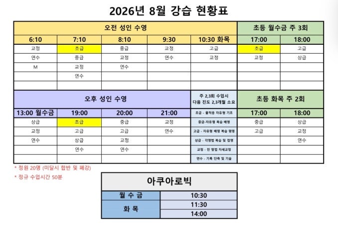 대구 북구 수영장 그린스포츠센터 8월 강습 시간표 및 초급반 안내