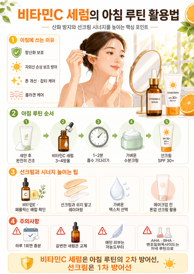 비타민C 세럼의 효능과 아침 루틴 활용법 산화 방지와 선크림 시너지를 높이는 팁