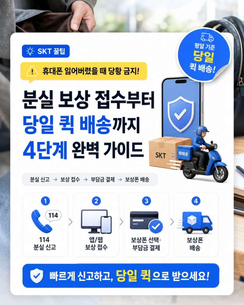 [SKT 꿀팁] 휴대폰 잃어버렸을 때 당황 금지! 분실 보상 접수부터 당일 퀵 배송받는 4단계 완벽....