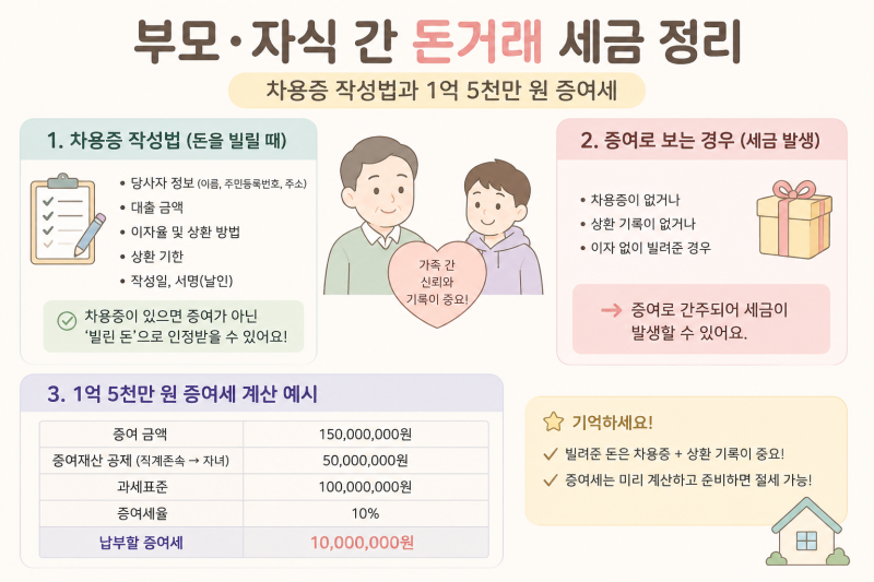 부모 자식 간 돈거래 세금 정리｜차용증 작성법과 1억 5천만 원 증여세
