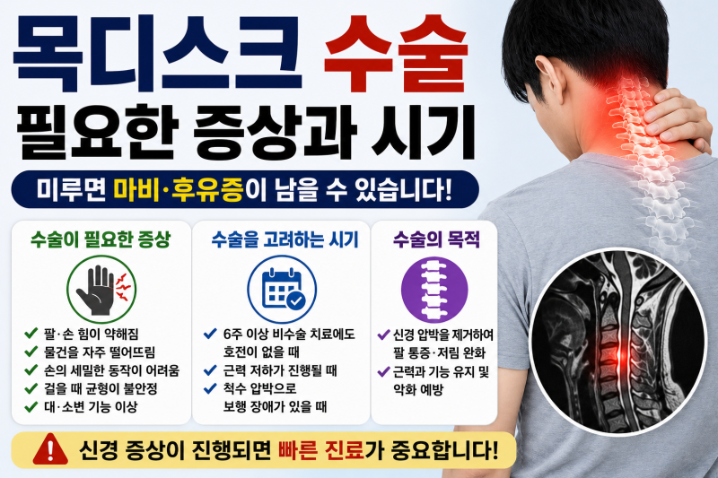 목디스크 수술이 필요한 증상, 손 힘 저하와 수술 시기 정리