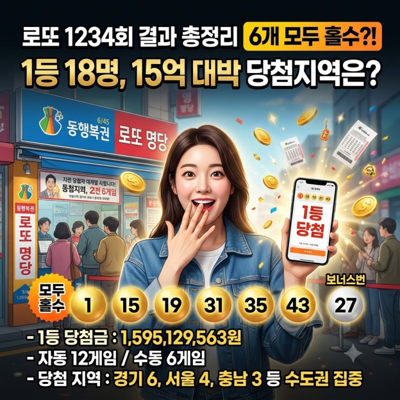 로또 1234회 당첨번호 총정리, 6개 모두 홀수였다…1등 18명·15억 당첨지역은?