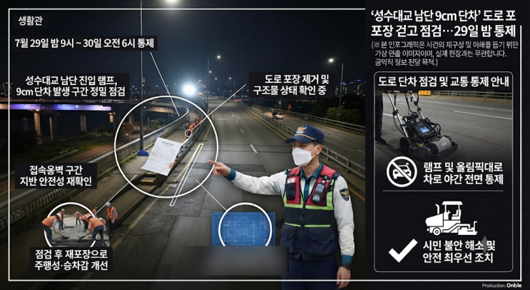 9 단차 논란에 도로포장 걷고 지반 <b>점검</b>…29일 밤 야간 통제