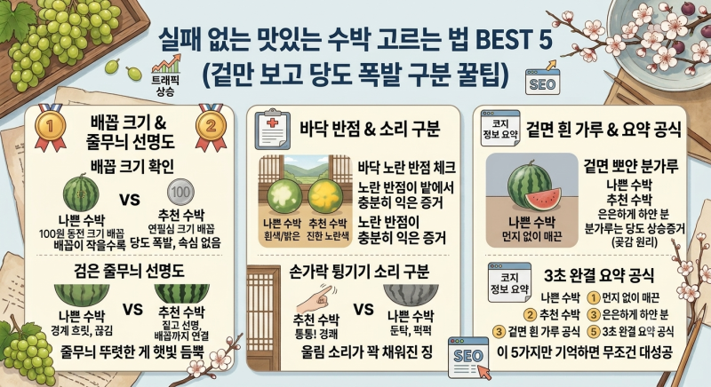 실패 없는 맛있는 수박 고르는 법 BEST 5 맛있는 수박 배꼽 줄무늬 구분 꿀팁
