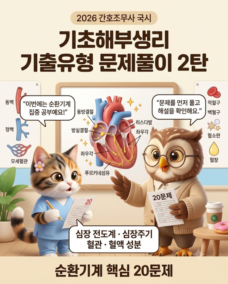 [2026 간호조무사 국시] 기초해부생리 기출유형 문제풀이 2탄｜순환기계·심장 전도계·심장주....
