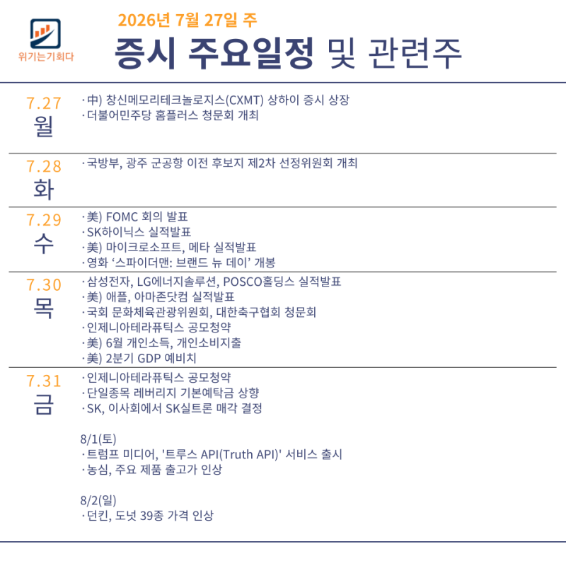 증시 주요일정 및 관련주 (7월 27일주)