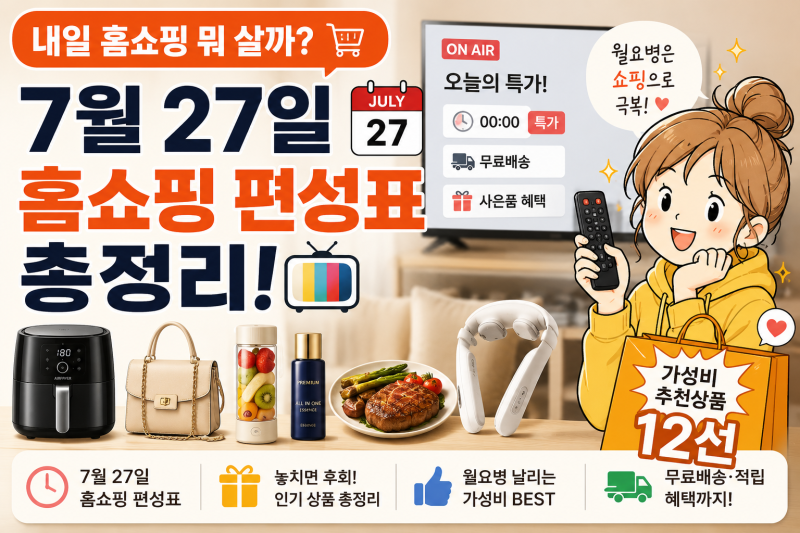 [내일 홈쇼핑 뭐 살까?] 7월 27일 홈쇼핑 편성표 총정리｜월요병 날리는 가성비 추천상품 12선