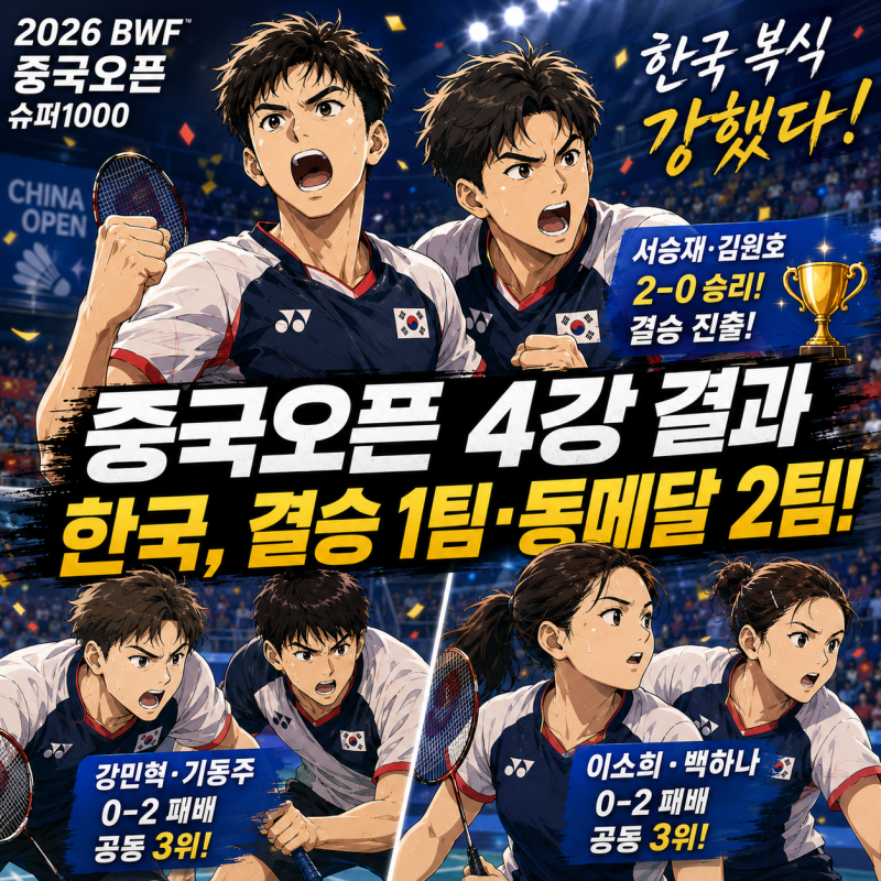 2026 중국오픈 배드민턴 4강 결과｜서승재 김원호 결승 진출, 강민혁 기동주·이소희 백하나 ....