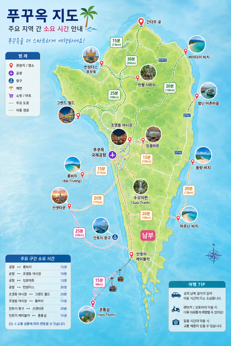 푸꾸옥 지도로는 안 보이는 실제 이동 시간, 구간별 정리