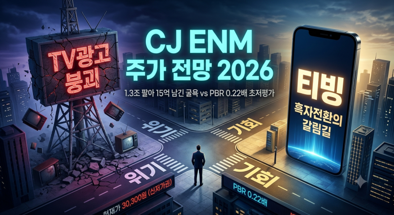 CJ ENM 주가 전망 2026 — 1.3조 팔아 15억 남긴 굴욕, PBR 0.22배 신저가에서 TV광고 붕괴 vs 티빙 흑....