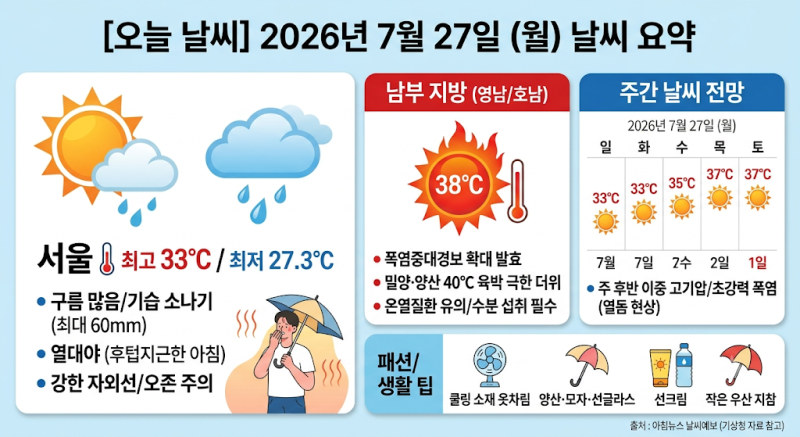 [오늘 날씨] 2026년 7월 27일 장마 종료 후 펄펄 끓는 무더위! 영남 폭염중대경보·수도권 강한 ....